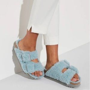 Birkenstock Arizona Teddy Shearling Platform Sandals Blue Big Buckle 39 US 8 NWT